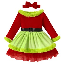 IDOPIP Baby Dress Girls Christmas Dress Kids Long Sleeve Dress Christmas Princess Dress Christmas Outfit Christmas Costume Cosplay Party Dress Autumn Winter, Green