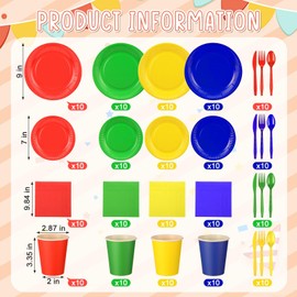 Dandat 280 Pieces Blue Red Green Yellow Paper Plates and Napkins Cups Plastic Forks Knives Spoons Disposable Complete Tableware Pack for Carnival Circus Birthday Baby Shower Party Supplies, Serves 40