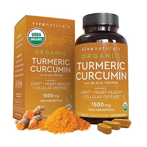 Viva Naturals Organic Turmeric Curcumin Supplement 1,500mg (90 Tablets), Turmeric Curcumin with with Black Pepper for Superior Absorption, High Potency Standardized to 95% Curcuminoids, Joint Support