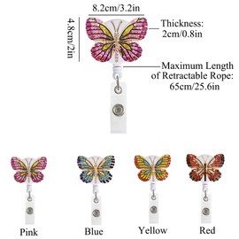 Butterfly Badge Reel, Retractable Badge Clip Nurse ID Badge Holder Bling Red Badge Reel for Teachers Nurses Volunteers Student (Nylon Cords + Alligator Clip + Snap)