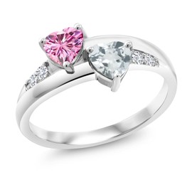 Gem Stone King 925 Sterling Silver Lab Grown Diamond Ring Heart Shape Pink Moissanite and Aquamarine (1.00 Cttw, Size 6)