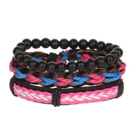 Stands Out, Supplying Outstanding Gifts Unisex Mens Womens Whirlybird Stacker Pink Black Braided Beaded Leather Bracelet Wide Multi Row Layer Stack Wristband