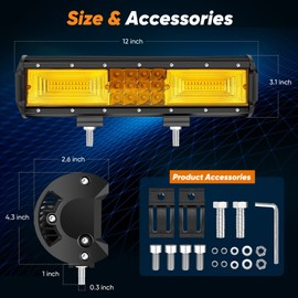 BEAMPLUS 12 Inch Led Amber Light Bar, Yellow light bars,180W Spot & Flood Combo 18000LM Waterproof Triple Rows Fog Lights Led Off Road Lights for UTV ATV Jeep