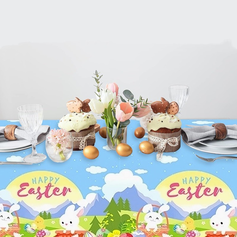ZSTNPP Easter Table Cloth, 137x274cm Rectangular Plastic Waterproof Easter Tablecloth,