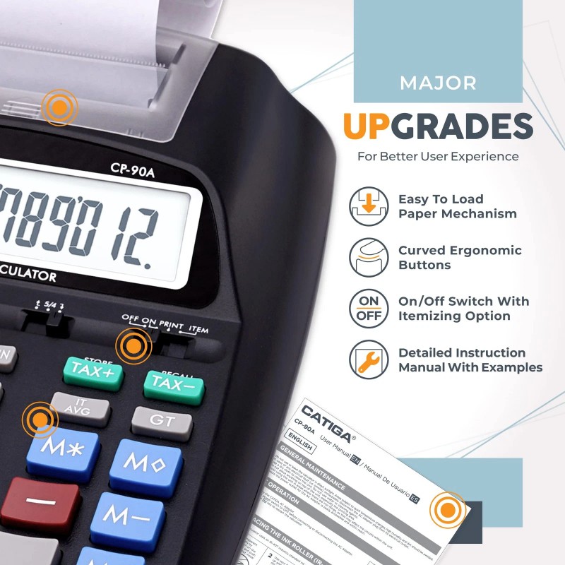 CATIGA Black Adding Machine with 2 Color Printer Easy Load