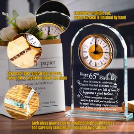 Ornalrist Happy 65th Birthday Quartz Clock Gifts for Women Men - 65 Years Old Birthday Presents for Couple Wife Her - Best 65th Birthday Gift for Friend Sister, Glass Quartz Desk Clock Plaque