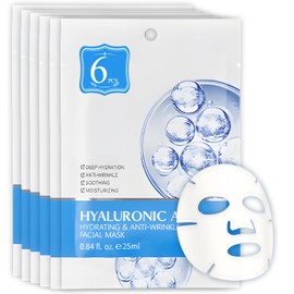 Pack of 6 Moisturising Cloth Mask, Beauty Anti-Wrinkle Mask, Face Mask with Hyaluronic Acid, Repairs Skin Barriers, Hydrating Mask Face Reduces Wrinkles for Most Skin, Blue