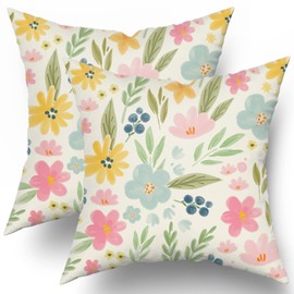 Sweetshow Spring Floral Pillow Covers 20x20 Set of 2 Cute Watercolor Yellow Pink Blue Flower Leaf Print Decorative Throw Pillows Spring Rustic Farmhouse Cushion Case Decor for Couch Sofa Bed