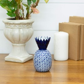 Small Pineapple Narrow Neck Glossy Blue and White 6 inch Porcelain Ceramic Vase