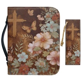 Chicprint PU Leather Bible Case for Women Vintage Art Style Butterfly Cross Bible Cover with Bookmark Durable Bible Bag for Christian Daily Church Bag with Pockets Handle Brown