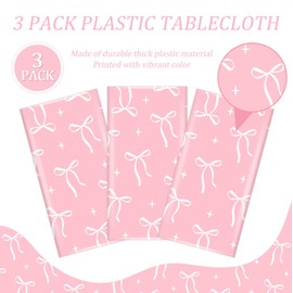 Tewess 3Pcs Pink Bow Birthday Plastic Tablecloth Conquette Birthday Rectangle Table Cover Disposable Bow Girls Baby Shower Table Cloth Party Supplies 108 x 54in