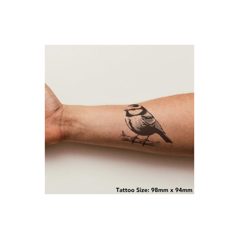 'Blue Tit On Branch' Temporary Tattoo - Water Resistant, Skin-Safe,