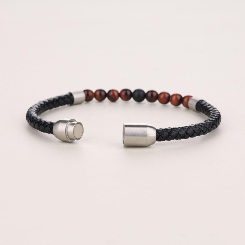 COAI Men's Leather Onyx Red Tiger Eye Stone Beaded Bracelet