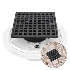 Uni-Green Matte Black 4 Inch Square Shower Drain with PVC Flange for 2 or 3 Inch Pipe - Low Profile 304 SS Shower Floor Drain Kit with Hair Carcher&CUPC - Strainer for Bathroom,Laundry Room