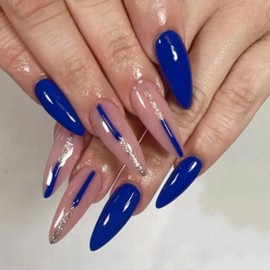 BABALAL Press on Nails Medium Almond Fake Nails Royal Blue Glue on Nails Gold Glitter Bling Acrylic Nails 24Pcs False Nails Manicure Stick on Nails Stiletto Glossy Gel Nails