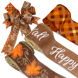 JarThenaAMCS Fall Glitter Wired Edge Ribbon Autumn Maple Leaves Plaid Ribbon Thanksgiving Fabric Ribbon for Wreath Bow Making DIY Craft Wrapping, 3 Rolls, 18 Yard