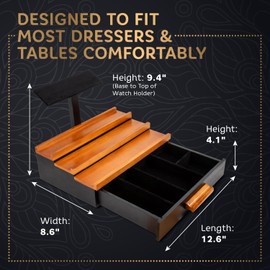 Wooden Cologne Organizer for Men - 3-Tier Cologne Shelf for Men with Attachable Watch Display Holder & Fleece-Lined Storage Drawer - Wood Non-Slip Perfume Fragrance Stand with Hidden Compartment