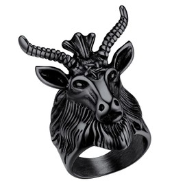 FaithHeart Men's Ring, Stainless Steel Baphomet Goat Head Ring, Punk Goat Skull Signet Ring, Finger Ring, Satanic Sheep Goat Head Ring for Birthday, Father's Day, Valentine's Day, Metal, No Gemstone