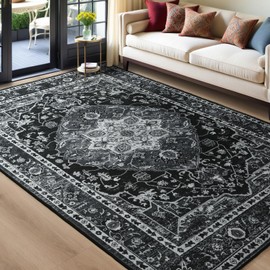 YJ.GWL Area Rug 4x6, Boho Vintage Washable Living Room Rug, Soft Accent Rugs for Bedroom Dining Room, Non-Slip Low-Pile Entryway Rug Floor Carpet, Navy Blue