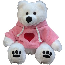 The Stuffed Animal House 12 Inch White Teddy Bear Plush with Pink Hoodie and Red Heart Embroidery (Pink Hoodie Red Heart)
