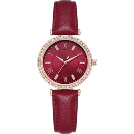 NUOVO Women's Watches Ladies Quartz Wrist Watch with Luxury Crystal Diamonds for Women Girls Fashion Red Leather Strap Daily Life Waterproof Lady Watch Ideal Choice for Gifts