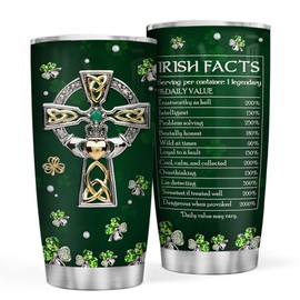 Wassmin St Patricks Day Tumbler Jewelry Style Irish Fact Celtic Cross Stainless Steel Tumbler 20 Oz Cup with Lid Travel Mug Saint Paddy's Day Gifts for Irish Women Men Family Friends