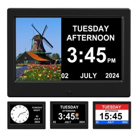 FEYBYLA Alarm Clock with Day and Date for Elderly 7inch Digital Calendar Clock Photo Frame- Auto Dimmable Display 15 Alarm Options, Clock with Non-Abbreviated Day & Month (7inch / Black)