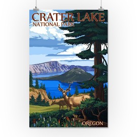 Crater Lake National Park, Oregon, Deer Family (16x24 Giclee Gallery Print, Wall Decor Travel Poster)