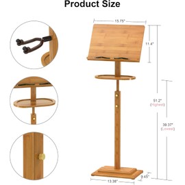 WISUCART Bamboo Music Stand for Sheet Music, Wood Adjustable Music Organizer Height 39.37''-51.2'' Portable Folding Professional Music Holder for Violin Guitar Piano Players Band Gigs (Brown Tray&Guitar Clip)