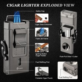 LIHTUN Cigar Lighter Multifunctional All-in-1 Torch Lighters Built-in Holder Cigar Draw Enhancer Cigar Punch Gift for Men Butane Lighters with Folding Cigar Cutter V-Cut