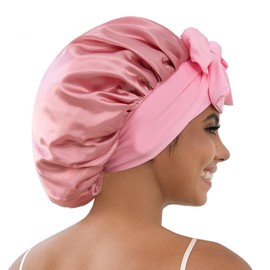 GDTOGRT Satin Silk Bonnet for Sleeping Women,Double Layer Sleep Hair Bonnets Caps for Curly Natural Hair with Tie Band - Pink