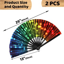 Hananona 2 Pcs Big Folding Fans Colorful Rainbow Handheld Fan, Chinese Festival Party Decoration, Summer Rave Fans Hand Folding Fans for Pride Month (Neon Light)