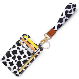 Slim Front Pocket Wallet RFID ID Card Holder Cute Small Wallet with Keychian for Women, Z Cow+lanyard, Card Holder+Lanyard