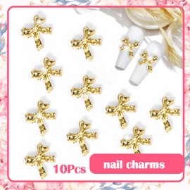 Vodolo 10pcs Bow Gold Nail Charms for Nails Accessories,3D Metal Nail Charms for Nails Design Nail Art Supplies Professional for Women Nails Decoration DIY Craft Making