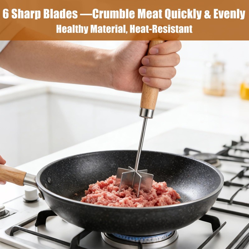 KOILLUXU 304 Stainless Steel Meat Chopper & Masher, 6-Blade Ground