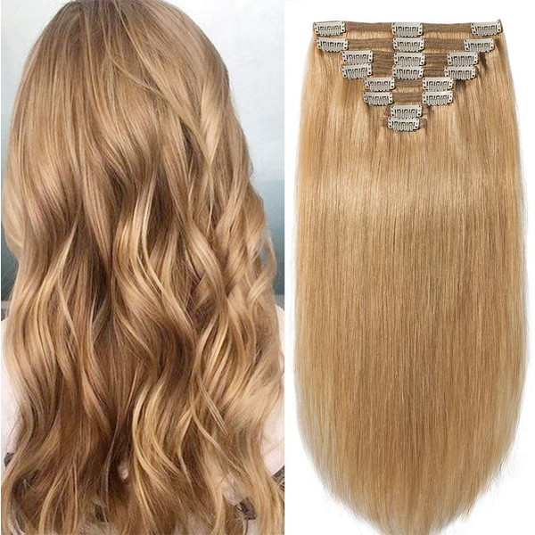 Clip-In Real Hair Extensions, 8 Pieces, 18 Clips, Thick Double Wefts, 100% Remy Hair Extensions (60 cm - 170 g, 27 Dark Blonde)