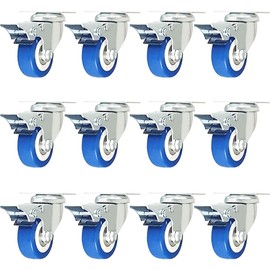 Y&Y Decor 12 Pack Caster Wheels Swivel Plate Casters On Blue Polyurethane Wheels PU (2" w/Brake)