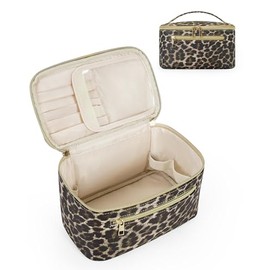Travel Makeup Bag, Large PU Leather Cosmetic Case with Brush Compartment, Leopard