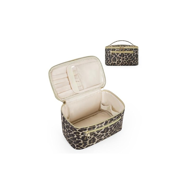 Travel Makeup Bag, Large PU Leather Cosmetic Case with Brush