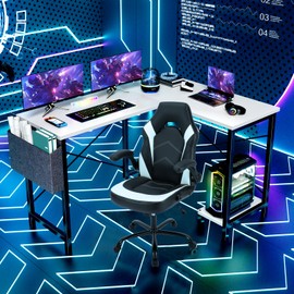 Sweetcrispy L Shaped Computer Desk - Gaming Table Corner Desk 50 Inch PC White Writing Desk Study Desks with Wooden Desktop CPU Stand Side Bag Reversible for Home Office Room Small Space