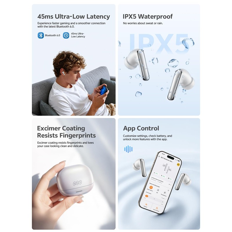 QCY MeloBuds N65 Wireless Earbuds, AI Adaptive Noise Cancelling, 60dB