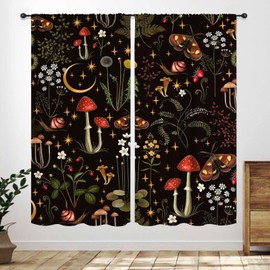 Cortinas de hongos, estilo retro, bosques botánicos, plantas, hierbas, granja, cabaña rural, cortinas negras, tratamientos para cocina, recámara, sala de estar, baño, ventana, 2 paneles, 52 x 84