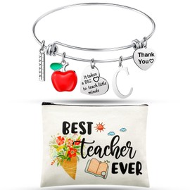 Highergo 2 Pcs Teacher Appreciation Gifts Set for Women Teachers' Day Gifts Kits Cosmetic Bag Makeup Pouch Thank You Bangle Bracelet 2025 Graduation Present,Best Teacher Ever Present(C Style)