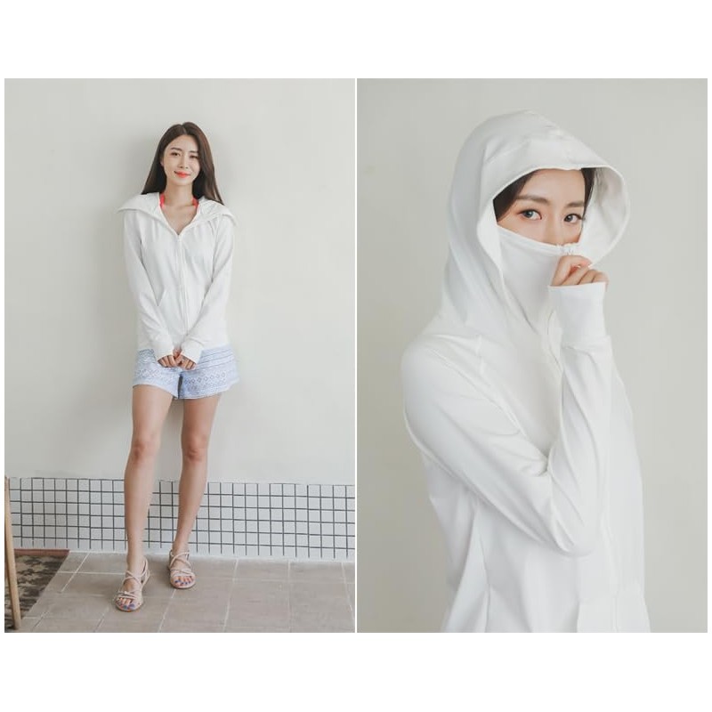 [KOUKOUCOCO] UVラッシュガード ハイネック帽子舌付きUVカットラッシュガード (JP, アルファベット, L, ホワイト)