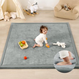 PaPaMat Ultra Soft Baby Play Mat,1.3" Thick Elasti-Foam Tummy Time Mat for Infants,Toddlers,Kids,Water-Repellent Coral Fleece Nursery Rug,Non-Slip Safe for Crawling&Hardwood Floors(Light Grey)