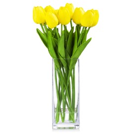 ENOVA HOME Artificial Real Touch Tulips Flower Arrangement in Glass Vase with Faux Water (Yellow)
