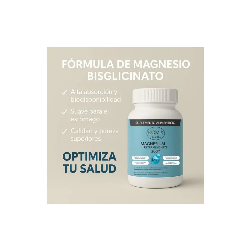 Magnesio Bisglicinato Puro Biomix Health Beauty 200 Sueño Estrés Cápsulas