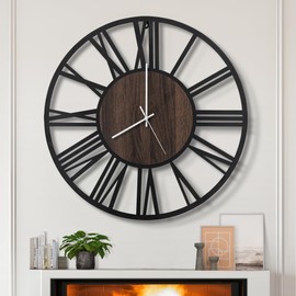 LEIKE Large Wall Clocks for Living Room,Silent,Non Ticking,Battery Operated Oversized Vintage Round Modern Wood Wall Clock for Bedroom,Farmhouse,Office Home Decor-24 Inch(Black-Roman Numerals)