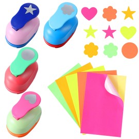 Peovlvn 1 Inch Hole Puncher for Crafts, 4 Pcs Paper Punches for Crafting with 20 Pcs Cardstock Papers Star Heart Flower Circle Punches for Paper Crafts Card Making DIY Albums Photos Scrapbooking