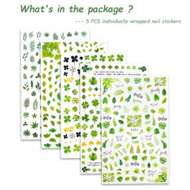 Yoksas Green Foliage Nature Nail Art Sticker Set - 6 Sheets of Self-Adhesive Eucalyptus, Four-Leaf Clovers, Cactus, Ginkgo, and Monstera Nail Stickers